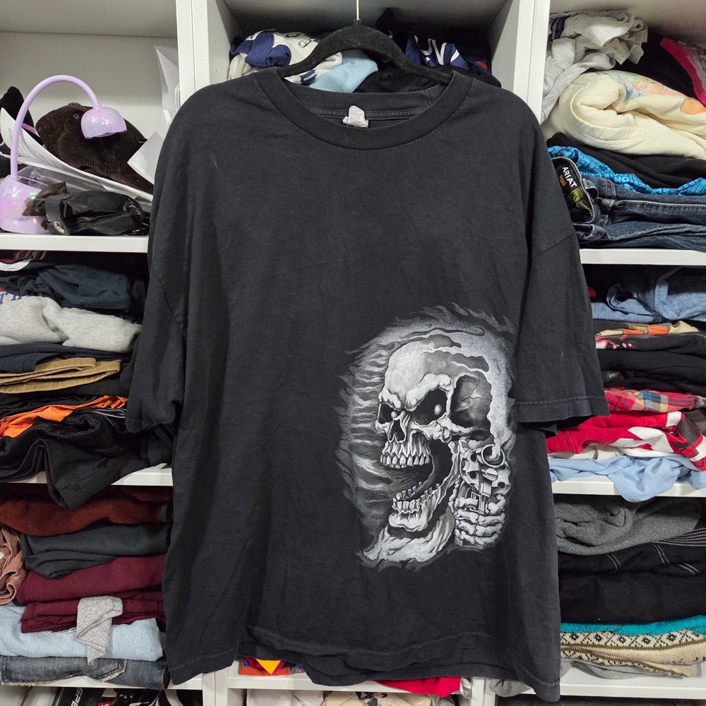 Vintage 2006 Good Sports Inc Skull Revolver Graphic T-Shirt Black 2XL Alstyle